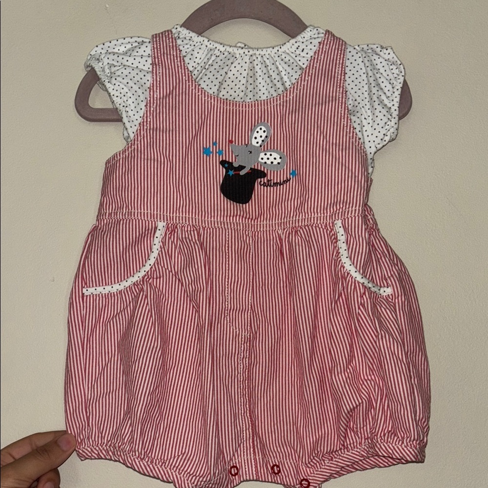 Catimini Red Striped Jumpsuit with White Polka Dot Shirt